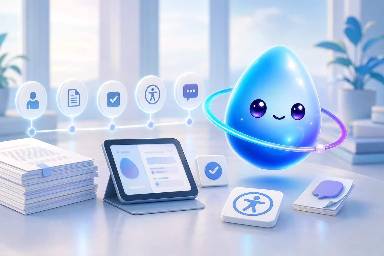 Blue Bree beside review documents, an app preview, accessibility, consent, and feedback checkpoints.