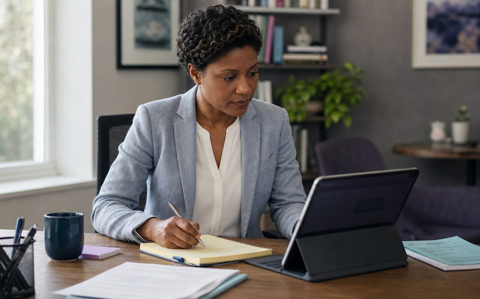 Clinician writing review notes while evaluating a wellness app on a tablet.