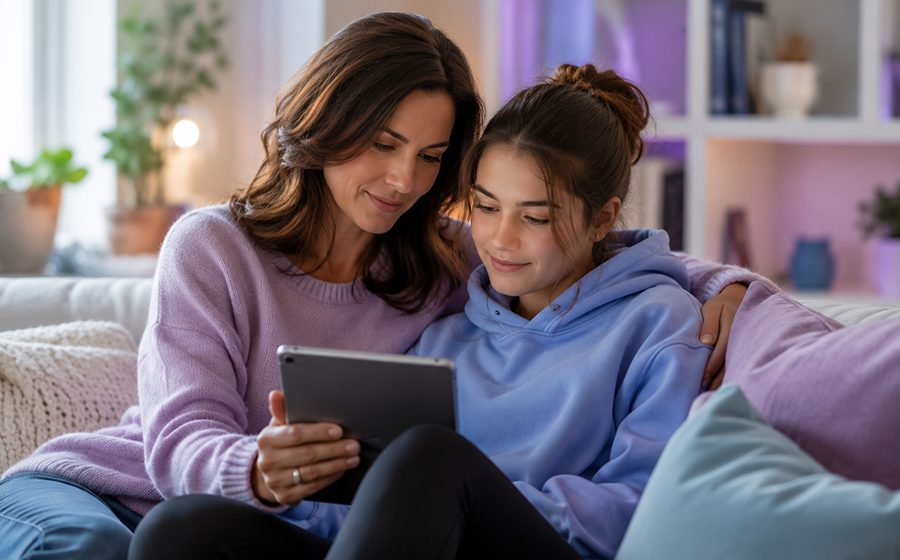 Parent and teen sitting together with a tablet in a warm home setting.