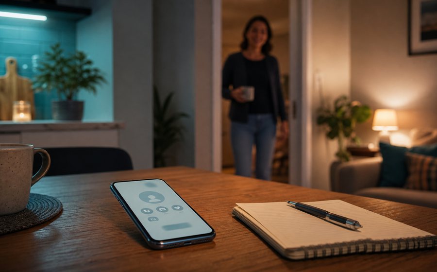 Phone with support options on a table while a trusted person approaches in a calm home setting.