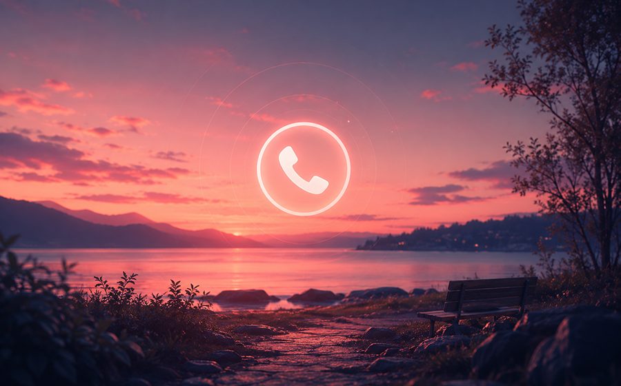Warm urgent-help landscape with a phone symbol for real support.