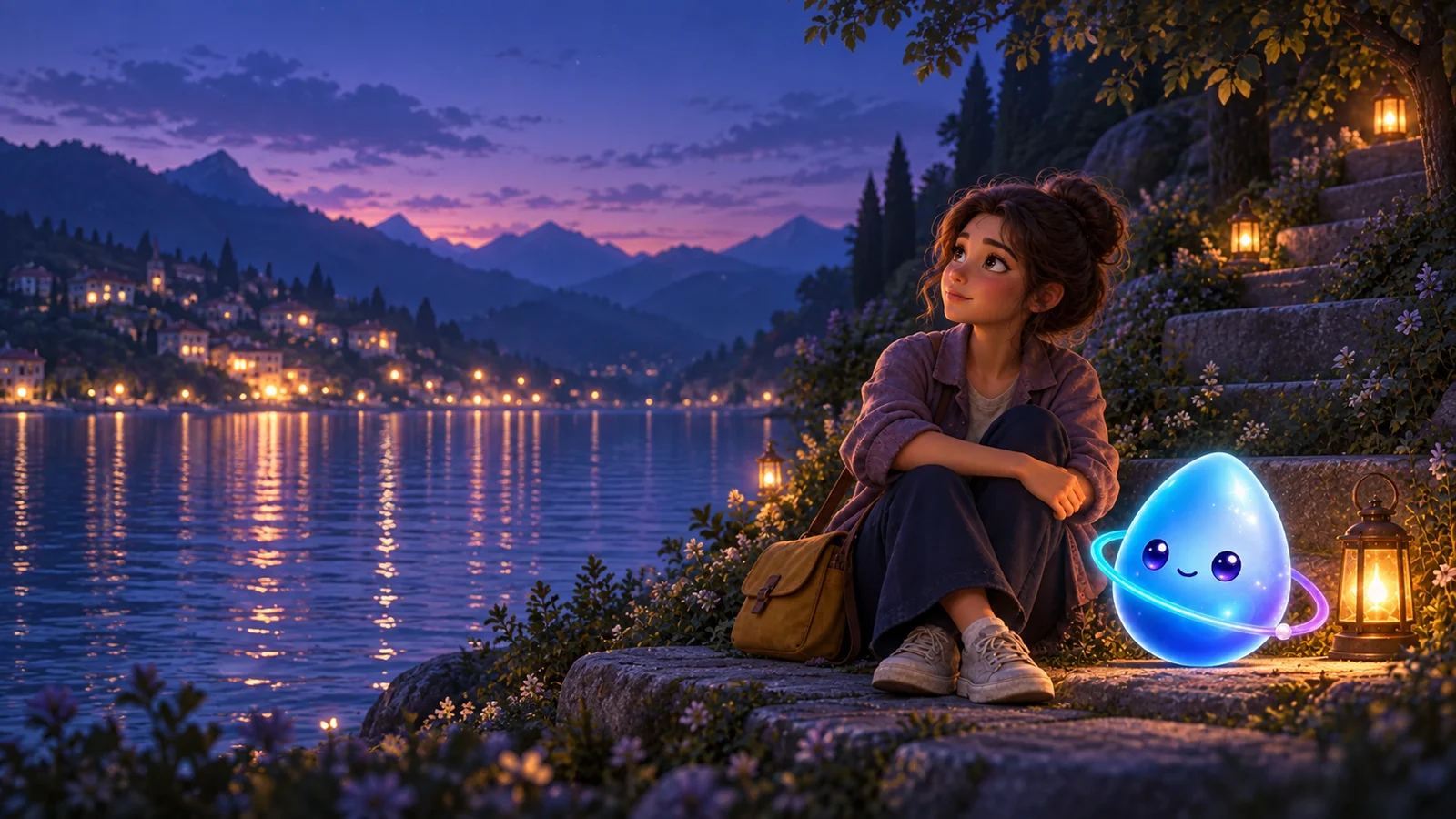 A fictional young adult and Bree beside a lantern-lit lake