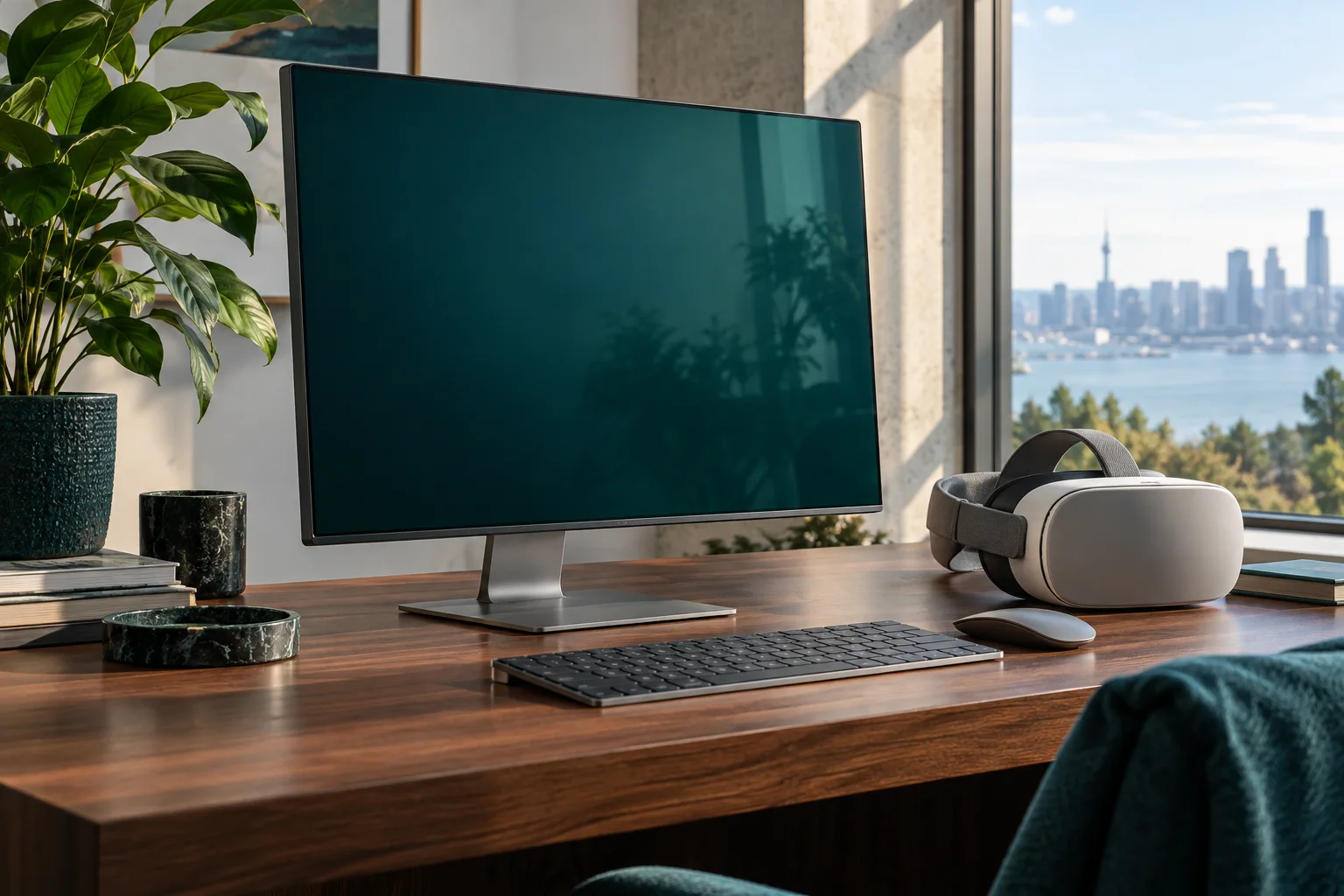 Desktop monitor and VR headset illustrating future platform concepts