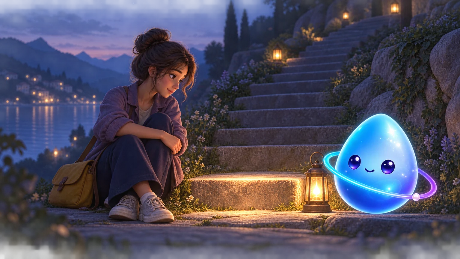 Lantern-lit water and Bree from the story world